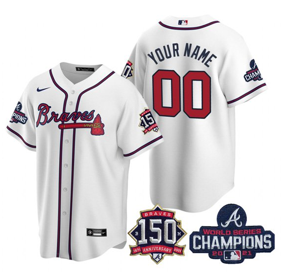 Men's Atlanta Braves Active Player Custom 2021 White World Series Chimpions With 150th Anniversary Cool Base Stitched Jersey
